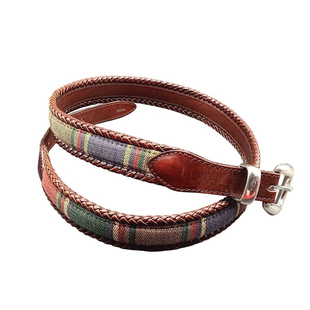 Brighton Womens Leather & Woven Belt With Silver-Tone Buckle Multicolor Plaid